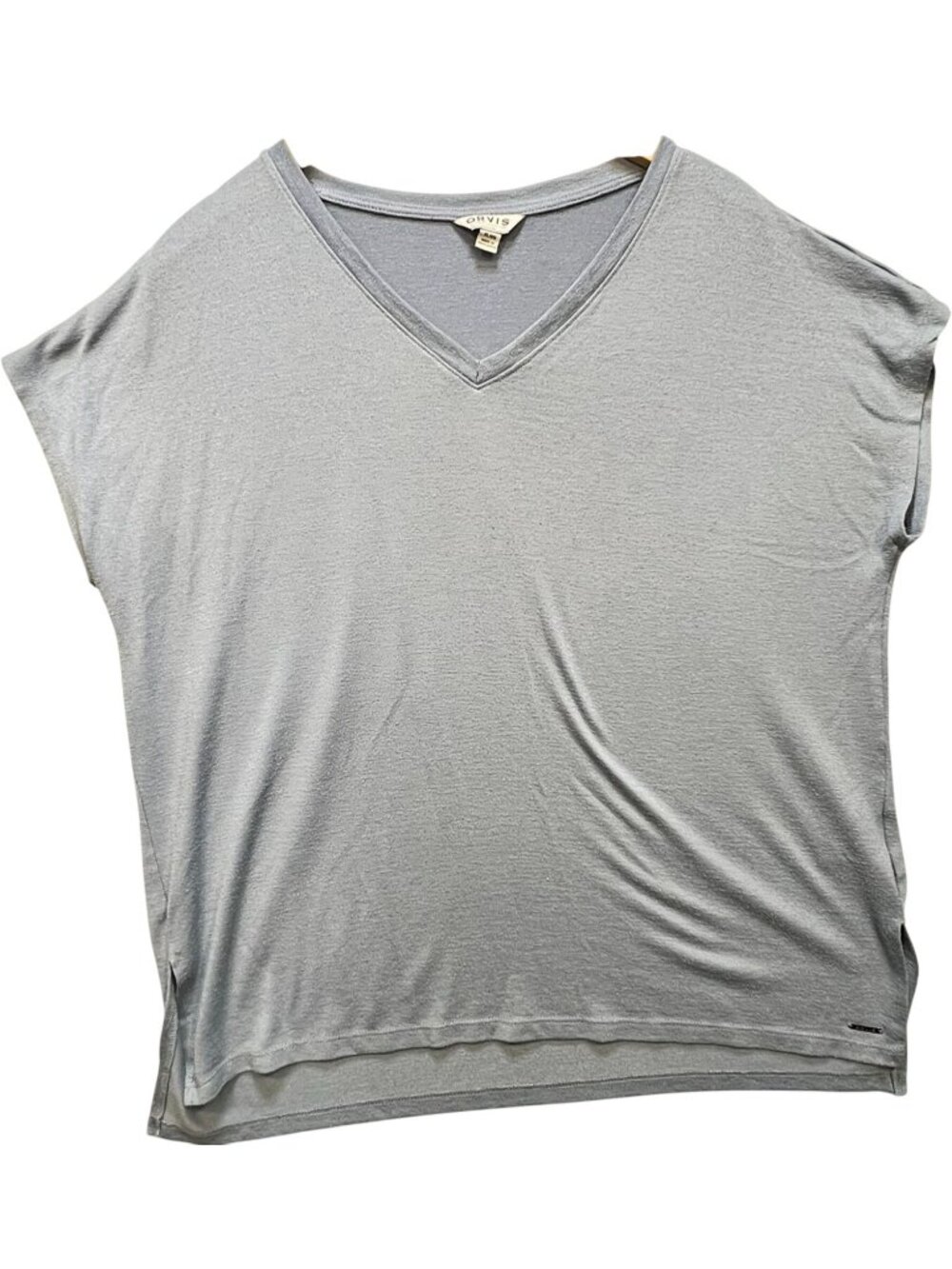 Orvis Womens V-Neck Tunic Top Short Sleeve Stretch Size XL Light Blue Side Slits